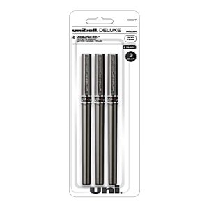 uni-ball Deluxe Rollerball Pens, Micro Point, 0.5 mm, Graphite Barrel, Black Ink, Pack Of 3