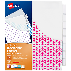 Avery Dividers for 3 Ring Binders, 8-Tab Binder Dividers, Plastic Binder Dividers with Pockets, Insertable Big Tab, Vibrant Geometric Patterns, 1 Set (07709)