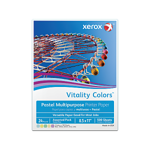 Xerox Vitality Colors Pastel Plus Color Multi-Use Printer & Copier Paper, Letter Size (8 1/2" x 11"), Ream Of 500 Sheets, 24 Lb, 30% Recycled, Assorted