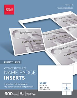 Office Depot Brand Badge Inserts, Convention Size, 3" x 4", White, Pack Of 300
