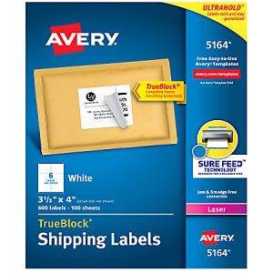Avery TrueBlock White Laser Shipping Labels, 5164, 3 1/3" x 4", Pack Of 600