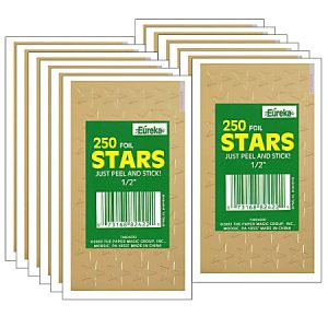 Eureka Presto-Stick Foil Star Stickers, 1/2", Gold, 250 Stickers Per Pack, Set Of 12 Packs