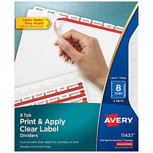 Avery Customizable Index Maker Dividers For 3 Ring Binder, Easy Print & Apply Clear Label Strip, 8 Tab, White, Pack Of 5 Sets