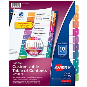 Avery Ready Index 1-10 Tab Binder Dividers With Customizable Table Of Contents, 8-1/2" x 11", 10 Tab, White/Multicolor, 1 Set