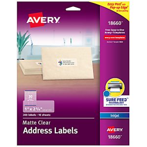 Avery Matte Address Labels With Sure Feed Technology, 18660, Rectangle, 1" x 2-5/8", Clear, Pack Of 300 Labels