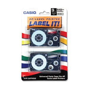 Casio XR9X2S Black-On-Clear Tapes, 0.38" x 26', Pack Of 2