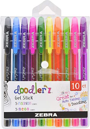 Zebra Doodler'z Gel Pens, Medium Point, 1.0 mm, Assorted Ink Colors, Pack Of 10