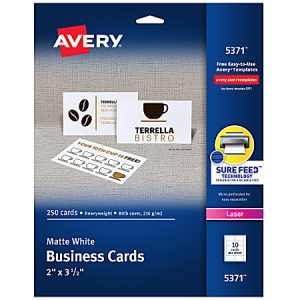 Avery Printable Business Cards With Sure Feed Technology For Laser Printers, 2" x 3.5", White, 250 Blank Cards