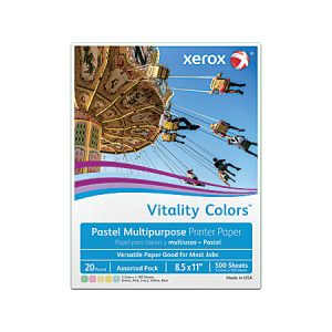 Xerox Vitality Colors Color Multi-Use Printer & Copier Paper, Letter Size (8 1/2" x 11"), Ream Of 500 Sheets, 20 Lb, 30% Recycled, Assorted Pastels