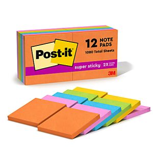 Post-it Super Sticky Notes, 3 in x 3 in, 12 Pads, 90 Sheets/Pad, 2x the Sticking Power, Energy Boost Collection
