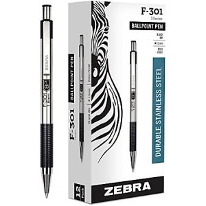 Zebra F-301 Ballpoint Pens, Bold Point, 1.6 mm, Stainless Steel Barrel, Black Ink, Pack Of 12 Pens