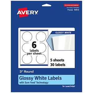 Avery Glossy Permanent Labels With Sure Feed, 94513-WGP5, Round, 3" Diameter, White, Pack Of 30
