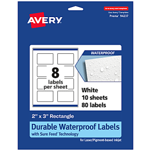 Avery Waterproof Permanent Labels With Sure Feed, 94237-WMF10, Rectangle, 2" x 3", White, Pack Of 80