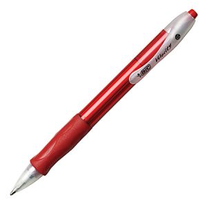 BIC Velocity Retractable Ballpoint Pens, Medium Point, 1.0 mm, Assorted Barrels, Red Ink, Pack Of 12