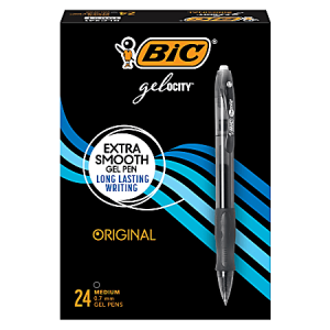 BIC® Gelocity Retractable Gel Pens, Medium Point, 0.7 mm, Translucent Barrel, Black Ink, Pack Of 24