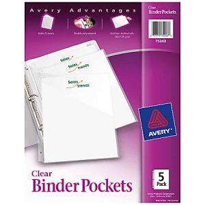 Avery Binder Pockets For 3 Ring Binders, Clear, Pack Of 5 Binder Pockets