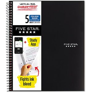 Five Star Wire-Bound Notebook, 8-1/2" x 11", 5 Subject, College Ruled, 200 Sheets, Black