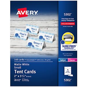Avery Printable Small Tent Cards With Sure Feed Technology, 2" x 3.5", White, 160 Blank Place Cards