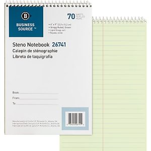 Business Source Steno Notebook - 70 Sheets - Wire Bound - Gregg Ruled Margin - 15 lb Basis Weight - 6" x 9" - Green Paper - Stiff-back - 1 Each