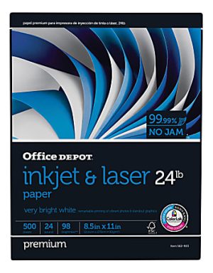 Office Depot Brand Inkjet & Laser Paper, Letter Size (8 1/2" x 11"), 24 Lb, 98 Bright, Ream Of 500 Sheets