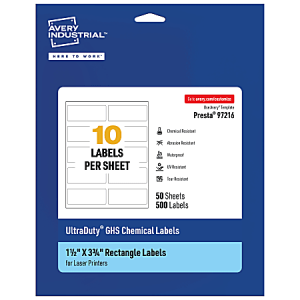Avery Ultra Duty Permanent GHS Chemical Labels, 97216-WMU50, Rectangle, 1-1/2" x 3-3/4", White, Pack Of 500