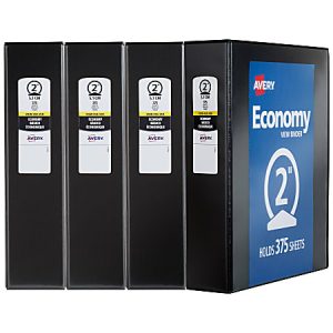 Avery Economy View 3 Ring Binders, 2" Round Rings, Black, Pack Of 4