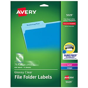 Avery® File Folder Labels, Sure Feed® Technology, Permanent Adhesive, Glossy Clear, 2/3® x 3-7/16®, 450 Labels (5029)