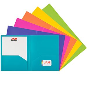 JAM Paper Heavy-Duty Plastic Presentation Folders, 9-1/2" x 11-1/2", Assorted Primary, Pack Of 6 Folders