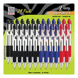 Zebra Z-Grip Retractable Ballpoint Pens, Medium Point, 1.0 mm, Translucent Barrels, Assorted Ink Colors, Pack Of 24