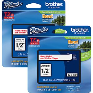 Brother P-touch TZe Laminated Tape Cartridges, 1/2"W x 26 1/5'L , Rectangle, White, 2 Per Bundle