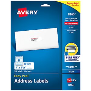 Avery Easy Peel Address Labels With Sure Feed Technology, 8160, 1" x 2 5/8", White, Box Of 750