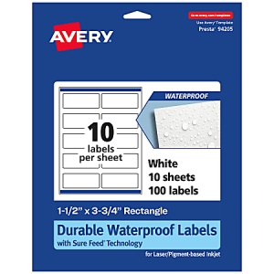 Avery Waterproof Permanent Labels With Sure Feed, 94205-WMF10, Rectangle, 1-1/2" x 3-3/4", White, Pack Of 100
