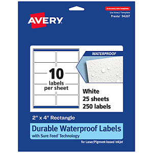 Avery Waterproof Permanent Labels With Sure Feed, 94207-WMF25, Rectangle, 2" x 4", White, Pack Of 250