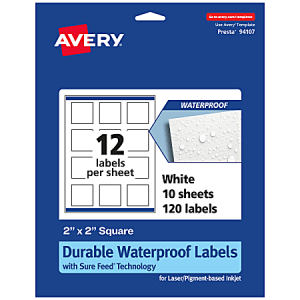 Avery Waterproof Permanent Labels With Sure Feed, 94107-WMF10, Square, 2" x 2", White, Pack Of 120