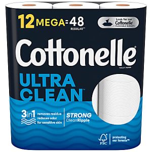 Cottonelle CleanCare 2-Ply Bathroom Tissue, 3" x 3-7/8", White, 312 Sheets Per Roll, Pack Of 12 Rolls