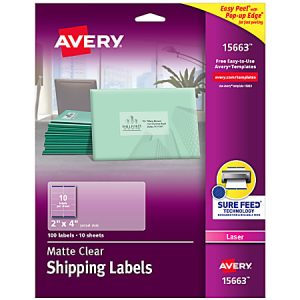 Avery Matte Shipping Labels With Sure Feed Technology, 15663, Rectangle, 2" x 4", Clear, Pack Of 100
