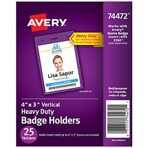 Avery Secure Top Badge Holders, Vertical Prepunched, 4" x 3" Badge, Clear, Box Of 25