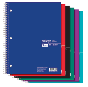 Office Depot Brand Wirebound Notebook, 8-1/2" x 11", 3 Subjects, College Ruled, 120 Sheets, Assorted Colors (No Color Choice)