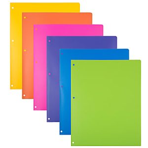 JAM Paper Heavy-Duty 3-Hole Punched Plastic Presentation Folders, 9-1/2" x 11-1/2", Assorted Fashion, Pack Of 6 Folders
