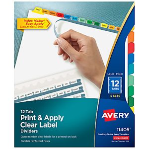 Avery Customizable Index Maker Dividers For 3 Ring Binder, Easy Print & Apply Clear Label Strip, 12 Tab, Multicolor, Pack Of 5 Sets