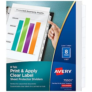 Avery Sheet Protector Dividers For 3 Ring Binders With Easy Print & Apply Index Maker Label Strip, 8-1/2" x 11",  8 Tab, Clear With Customizable White Tabs, 1 Set