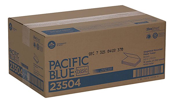Pacific Blue Basic by GP PRO Single-Fold 1-Ply Paper Towels, 100% Recycled, Brown, Pack Of 4000 Sheets