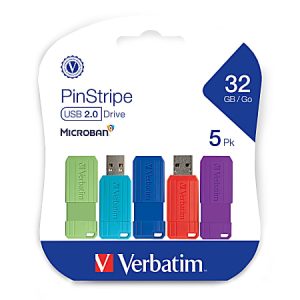 Verbatim PinStripe USB 2.0 Flash Drives, 32GB, Assorted Colors, 5 Pack