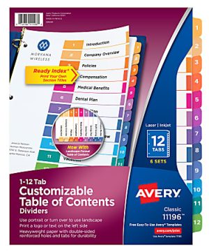 Avery Ready Index 1-12 Tab Binder Dividers With Customizable Table Of Contents, 8-1/2" x 11", 12 Tab, White/Multicolor, Pack Of 6 Sets
