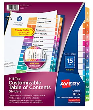 Avery Ready Index 1-15 Tab Binder Dividers With Customizable Table Of Contents, 8-1/2" x 11", 15 Tab, White/Multicolor, Pack Of 6 Sets