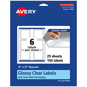 Avery Glossy Permanent Labels With Sure Feed, 94101-CGF25, Square, 3" x 3", Clear, Pack Of 150