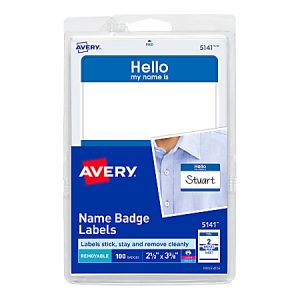 Avery "Hello My Name Is" Name Tags, 05141, 2-1/3" x 3-3/8", White With Blue Border, 100 Removable Name Badges