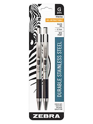 Zebra G-301 Gel Ink Retractable Pens, Medium Point, 0.7 mm, Stainless Steel Barrel, Black Ink, Pack Of 2