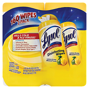Lysol Disinfecting Wipes, Lemon & Lime Blossom Scent, 7" x 8", 80 Sheets Per Canister, Case Of 2 Canisters