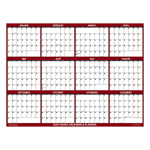 2024 SwiftGlimpse Oversized Wet/Dry-Erase Laminated Yearly Wall Calendar, 72" x 48", Maroon